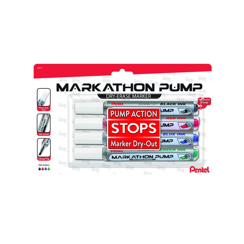 Pentel Markathon Pump Dry Erase Marker, Chisel Tip, Assorted Colors, 4 Pack (MWL6SXBP4M) - Image 1